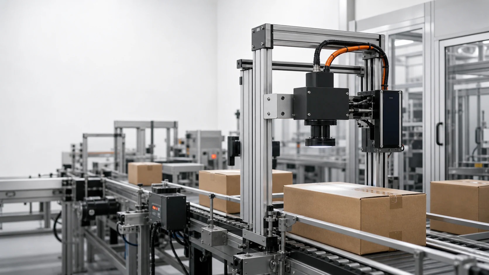 Automated packaging line with machine vision inspection gantry and boxes on a conveyor